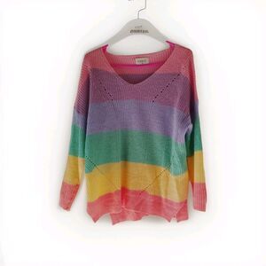 Fable Sweater Womens S/M Small Medium Open Knit Pastel Striped Coastal Rainbow